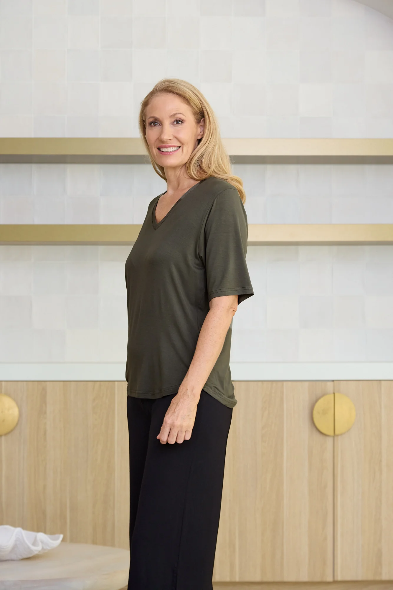 Bamboo V-Neck T-Shirt - Khaki - Image 3